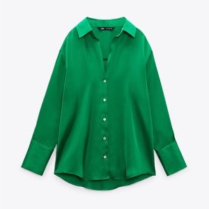 Zara emerald green satin button down shirt